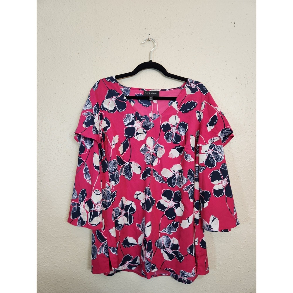 Lane Bryant Womens 14/16 Pink Floral Blouse Ruffle Bell Sleeve V-Neck Top